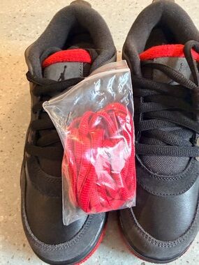 Authentic Nike Air Jordan  Kids Black and Red Low Top with Extra Red Laces